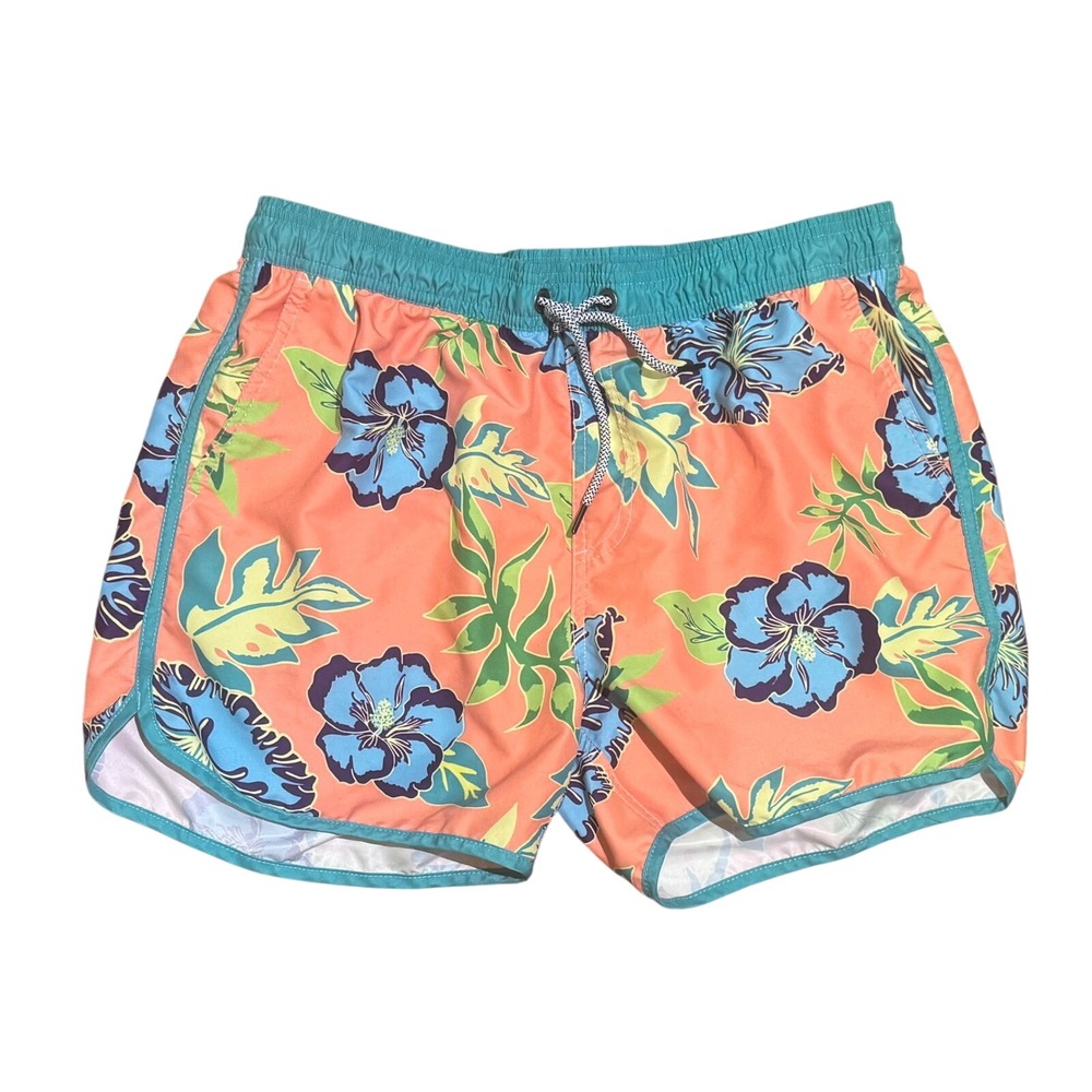 Maamgic Mens Tropical Hibiscus Floral Swim Trunks‎ Orange Teal Mesh Liner Small